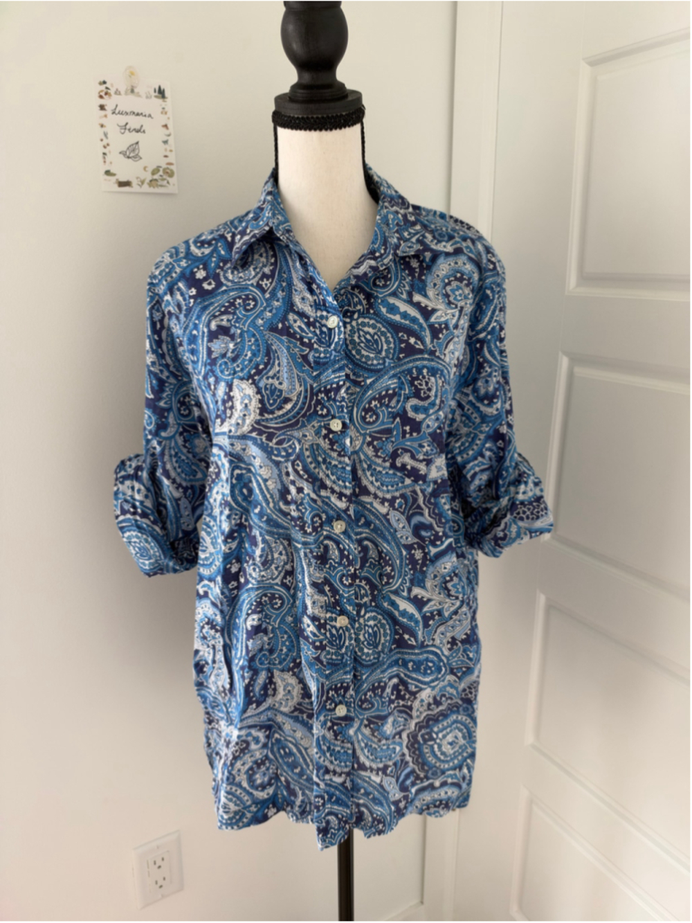 Lauren Ralph Lauren 100% Cotton Blue Paisley Print Button Down Shirt Size M
